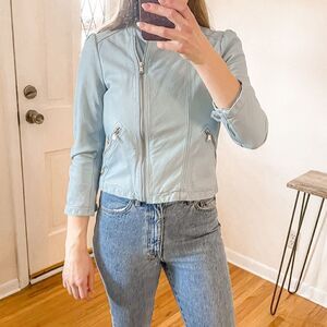 Rebecca Taylor Garment-Washed Leather Moto Jacket in Ocean Dusk